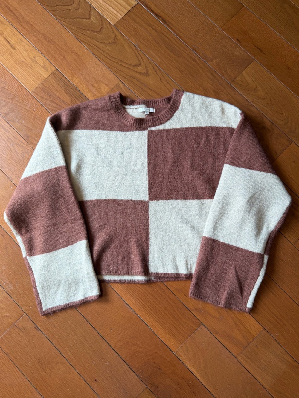 Z Supply Cropped Brown Cream Checkerboard Colorblock Sweater XL